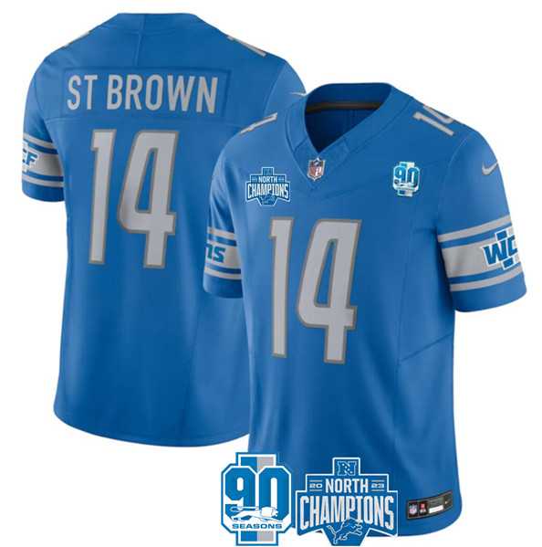 Men & Women & Youth Detroit Lions #14 Amon-Ra St. Brown Blue 2023 90th Anniversary North Division Champions Patch Limited Stitched Jersey,We sell and wholesale Men & Women & Youth Detroit Lions #14 Amon-Ra St. Brown Blue 2023 90th Anniversary North Division Champions Patch Limited Stitched Jersey on line form chian!
